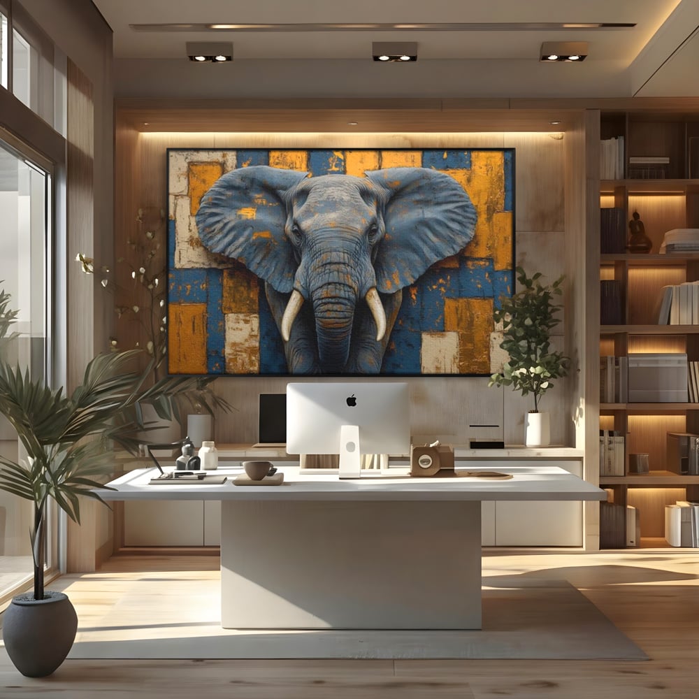 Tablou canvas cu tablou canvas cu cap de elefant, in rama de aluminiu negru, pe perete intr-un birou